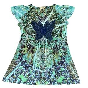 One World Tunic Top Women M Fairy‎ Whimsical Butterfly Print Blue Lace Sequins